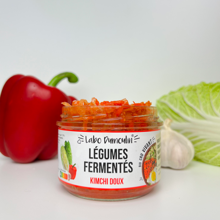 Kimchi doux en pot de 180g de la marque le labo Dumoulin. Le kimchi est un condiment coréens issu de la fermentation.