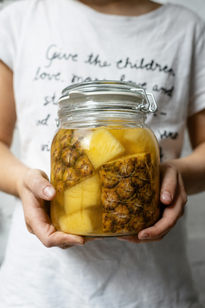 Recette de tepache maison facile, recette facile à l'ananas, Faire Photo : Dans une jarre de fermentation écorce d'ananas et ananas en morceau qui fermente pour faire une tepache