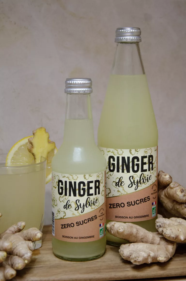 Ginger de sylvie, ginger beer fermentée vendu au Leclerc, super U, carrefour. Un ginger beer sans sucre